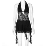 birthday outfits New Sexy Hollow Deep V Backless Hot Girl Style Short Stitching Ribbon Halter Lace Dress