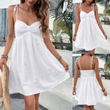 pink dress 2024 Summer New Women's Cotton and Linen Solid Color Lace-up Strap Waist-Tight Dress Women