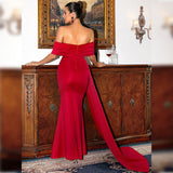 Amfeov Elegant Red Satin off-the-Neck Elegant Lady Short Sleeve Long Pattern High-Grade Chest-Wrapped Evening Dress