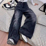 90s streetwear American Retro Cartoon Graffiti Straight Jeans Women's Summer New High Waist Straight Mop Loose Wide Leg Pants