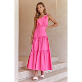 Amfeov Spring Summer One-Shoulder Knotted Solid Color Fresh Long Sweet Dress