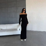 off shoulder  Black and White Stripe Knitted Dress Summer New Elegant Slim-Fit Sheath Slimming off-Shoulder Collarbone