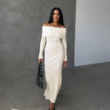 off shoulder  Black and White Stripe Knitted Dress Summer New Elegant Slim-Fit Sheath Slimming off-Shoulder Collarbone