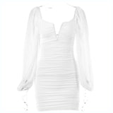 white dress Sexy Hot Girl Elegant V-neck Low-Cut Short Skirt Style Summer New Gauze Long Sleeve Backless Dress