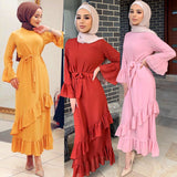 Amfeov Women Muslim Ethnic Maxi Dress Ruffled Patchwork Flared Sleeves Dress