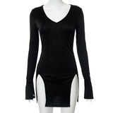 white dress Women's Autumn New Solid Color Pullover round Neck Long Sleeve Sexy Slit Short Dress