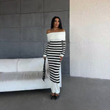 off shoulder  Black and White Stripe Knitted Dress Summer New Elegant Slim-Fit Sheath Slimming off-Shoulder Collarbone