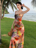 Amfeov-Oil Painting Summer Retro Beautiful Beach Vest Dress