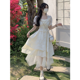 Amfeov-Square Collar Short sleeve Dress Women Summer French style Gentle Style Pettiskirt Waist Hugging Slimming Irregular Frill Princess Dress