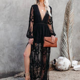 Onemillionlucky harajuku dress to impress Spring and Summer Women's Lace Long Dress V-neck Solid Color Chiffon Summer Dress