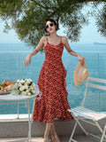 Amfeov-Lady Beach Red Floral Skirt V-neck Strap Dress Women's Summer Fancy Long Dress Seaside Holiday Beach Dress