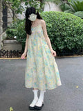 Amfeov-Green Sleeveless Floral Slip Dress Women's Summer New French Style Romantic Texture Fancy Temperament Long Dress