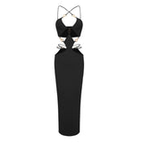 Amfeov Black Metal Ring Halter Bandage One Piece Dress Sexy Women Braces Autumn