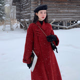 Onemillionlucky construction worker costume Double-Sided Wool Coat 2024 Autumn and Winter Red Long Vintage Wedding Woolen Coat