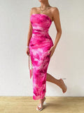 pink dress 2024 Mesh Floral Pleated Sexy Tight Slit Strapless Tube Top Dress