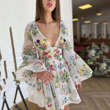 Onemillionlucky birthday outfits 2024 Summer New Women's Mesh Embroidered Design Lantern Sleeve Fairy Dress Birthday Party Dress