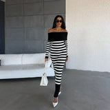 off shoulder  Black and White Stripe Knitted Dress Summer New Elegant Slim-Fit Sheath Slimming off-Shoulder Collarbone