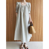 Amfeov Puff Sleeve Mid Length Dress Loose Slimming A line Dress