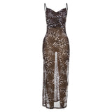 2024 Summer New Women's Sexy Big Backless Pile Collar Side Slit Leopard Print Mesh Sling Dress