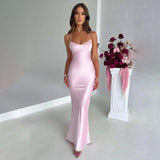 Amfeov pink dress Women's Sexy Sling Satin Dress Autumn New Fashion Backless Lace-up Waist Dress