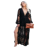 harajuku dress to impress Spring and Summer Women's Lace Long Dress V-neck Solid Color Chiffon Summer Dress