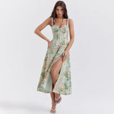 Amfeov Summer Women Clothing Floral Slip Dress Sexy Backless Slit Mid Length Vacation Dress for Women