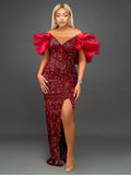 Am0527 Ruffled V-neck Sequined Long Dress Ladies Banquet Evening Dress Dress Women's Party Dresses