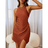 hoco dresses Women's New Solid Color Satin Halter Backless Slit Mini Dress Dress