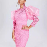 High-End Dress Dress Lace See-through Puff Sleeve Slim Party Dress Elegant Exquisite Women Dress