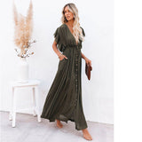 Amfeov Beach Cover up Slubbed Fabric Button Draw Waist Strap Maxi Dress Sun Protection Shirt