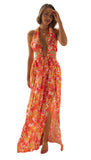 Amfeov Women V-neck Printing Slip Dress Sexy Split Maxi Dress