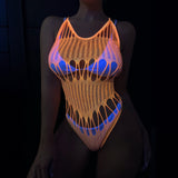 Amfeov European and American cross-border fluorescent pink luminous hollow suspenders sexy lingerie net clothing sexy luminous fishnet Lingerie