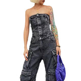 classy outfits men New Fashion Street Style Tube Top Tight Waist Slimming Hot Girl Multi-Pocket Denim Overalls Jumpsuit