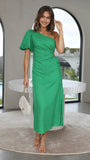 Amfeov Summer Fashionable Elegant Oblique Shoulder Puff Sleeve Side Slit Dress