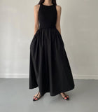 Amfeov Elegant Round Neck Waist Slim Pleated Long Dress