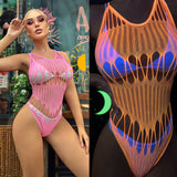 Amfeov European and American cross-border fluorescent pink luminous hollow suspenders sexy lingerie net clothing sexy luminous fishnet Lingerie