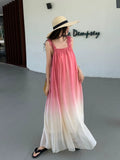 Amfeov-Beach Dress Gradient Color Loose Suspender Dress Summer Seaside Vacation Fairy Skirt Sanya Suspender Dress to Ankle