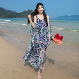 Amfeov-Bohemian Holiday Dress Women's Summer V-neck Strap Long Dress Loose Sleeve Wide Hem Flowy Seaside Beach Skirt