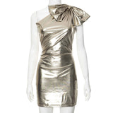 avant garde dress to impress Rds179 Style 2024 New Women's Fashion Sexy Bow Shoulder Metallic Tight Dress