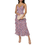 pink dress New Summer Women's Backless Printed Leaf Edge Decorative Sling Dress Female