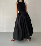 Amfeov Elegant Round Neck Waist Slim Pleated Long Dress