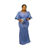 African Fashion Women's Sequined Mesh Evening Dress Slim Mop Dress