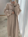 Amfeov Casual High Neck Solid Color Long Sleeve Knit Dress