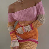 2024 fall fashion trends Long Contrast Color off-Shoulder Cut-out Beach Long Sleeve Knitted Striped Dress Women