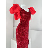 Evening Dress Retro Party Exaggerated Puff Sleeve Sequined Small Dress Split Hip Skirt Clothing