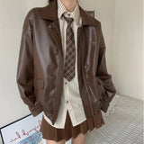 harajuku fashion dress to impress New Maillard Short Leather Coat Men's and Women's Brown American Retro Leather Top