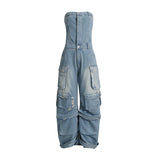 birthday outfits 2024 Autumn New Hot Girl Style Multi-Pocket Jumpsuit Slimming Tube Top Tooling Denim Jumpsuit Women's Fashion