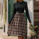 Onemillionlucky outfit inspo fall 2024 Autumn and Winter New Stitching Skirt Slim Commuter Elegant Plaid Lace-up Dress