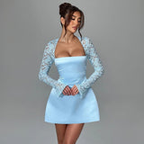 birthday outfits Women's Clothing 2024 Summer New Sexy Low-Cut High Waist Lace Sleeve Stitching Temperament Long Sleeve Dress