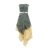 Onemillionlucky y2k outfits [Two-Piece Set] Hot Girl Irregular Tube Top Denim + Distressed Tie-Dye Stitching Skirt Suit